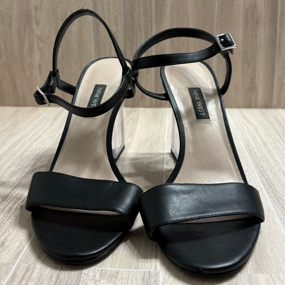 *Nine West Feisty Black Faux Leather Ankle Strap Sz 8.5MClear Block Heel Sandals